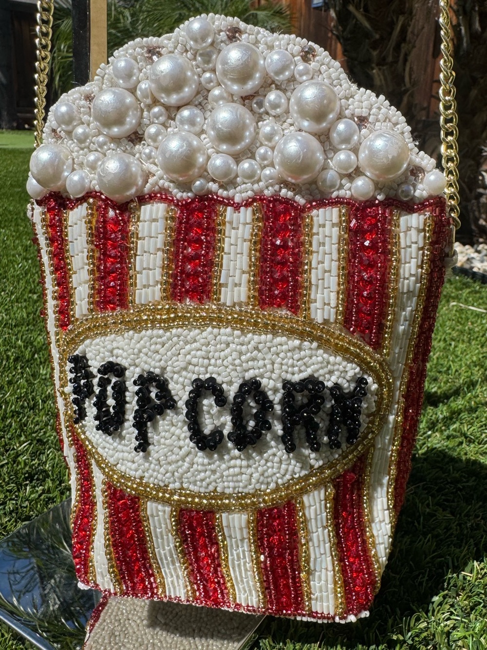 🍿 Handmade Beaded Popcorn Crossbody Bag | Novelty Pearl & Sequin Evening Purse